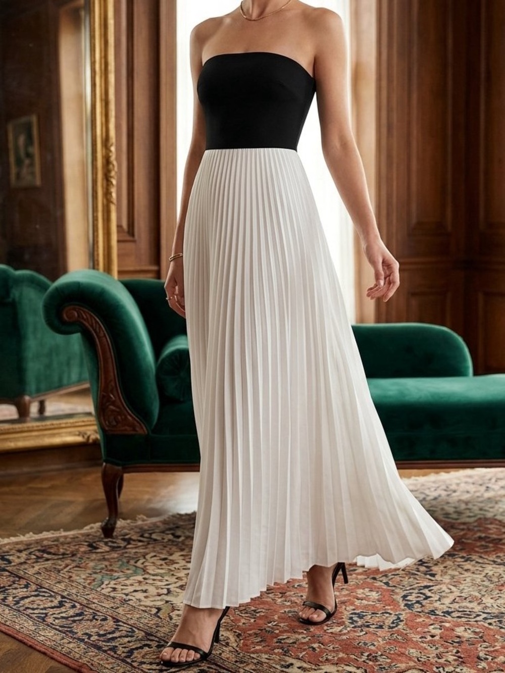 ALEXIS Colorblock Strapless Pleated Maxi Dress Black White Size M